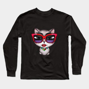 Cat with Red Glasses Checking Everything Out Long Sleeve T-Shirt